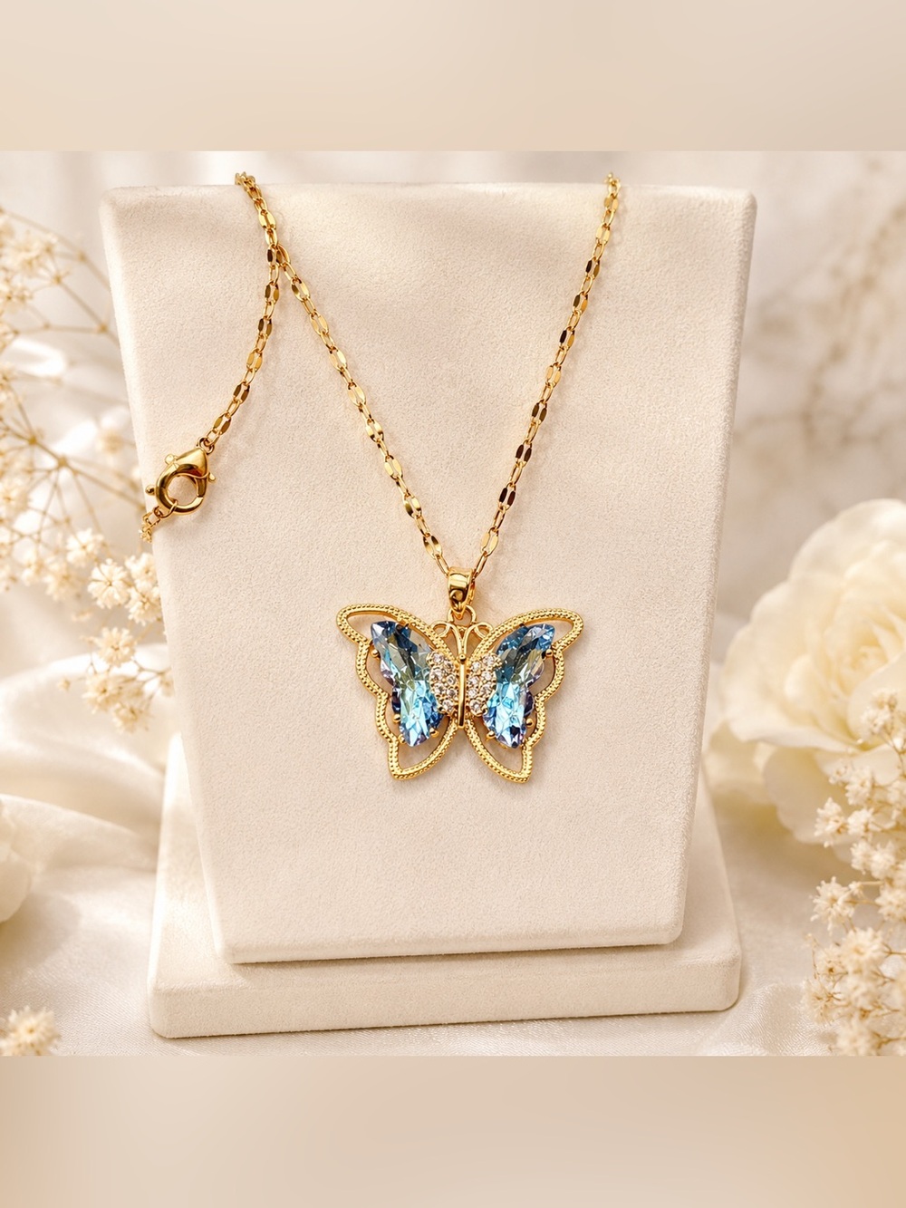 Gold Butterfly Pendant Necklace Steel 316L